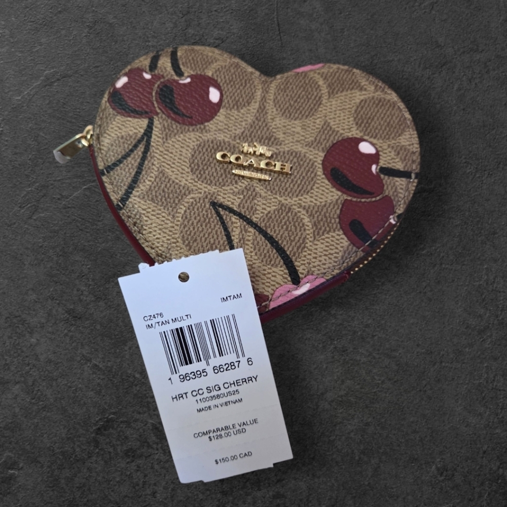 Coach Signature Coated Canvas Heart Coin Purse with Cherry Motif - Picture 4 of 4